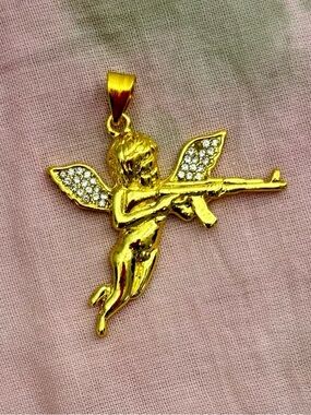 Gold Plated Cupid Pendant w/ Diamond Paved Wings